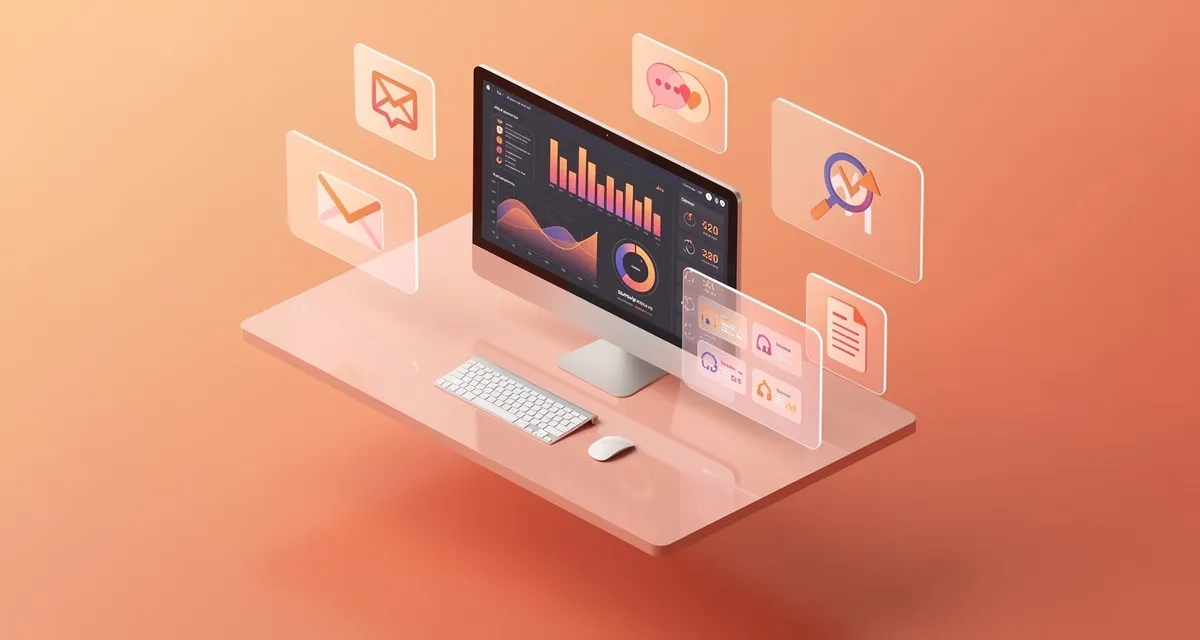 AI marketing tools dashboard with data visualizations and marketing channel icons