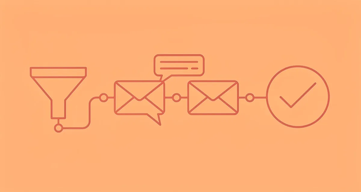 Minimal line art of a marketing automation workflow connecting lead capture, nurture, and conversion stages in coral on orange