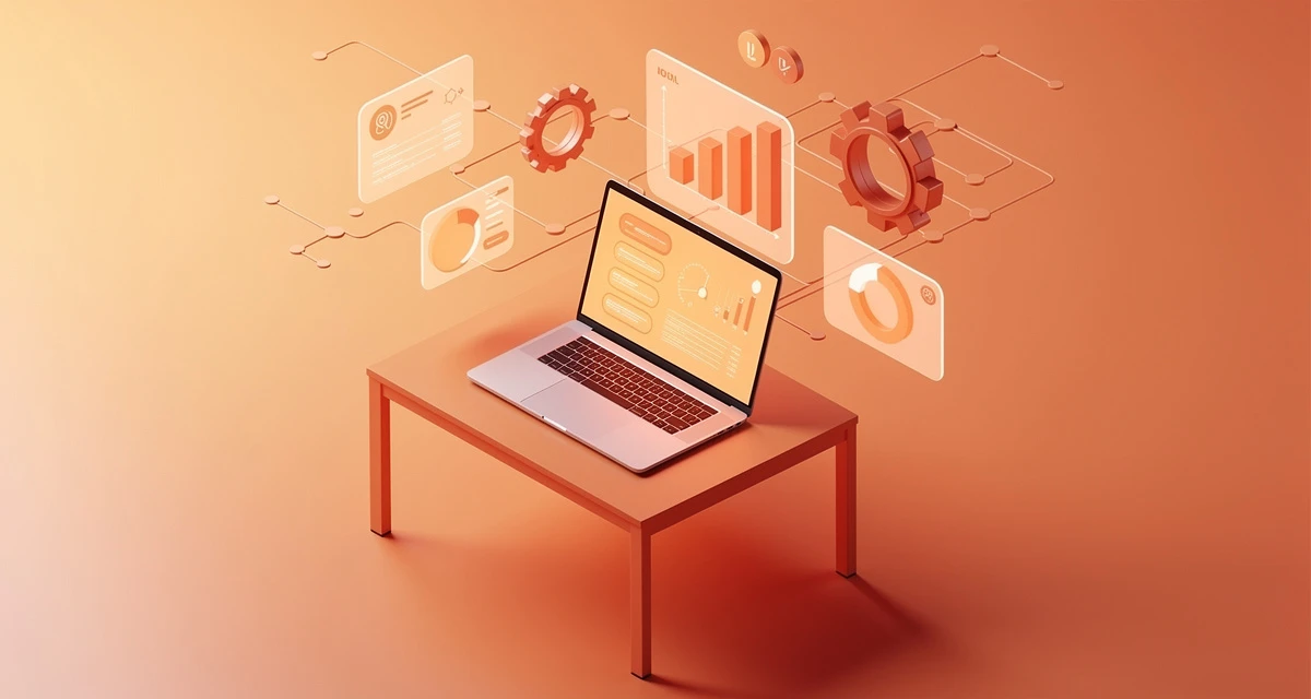 Best AI tools for business shown in an isometric 3D workflow with orange and coral tones