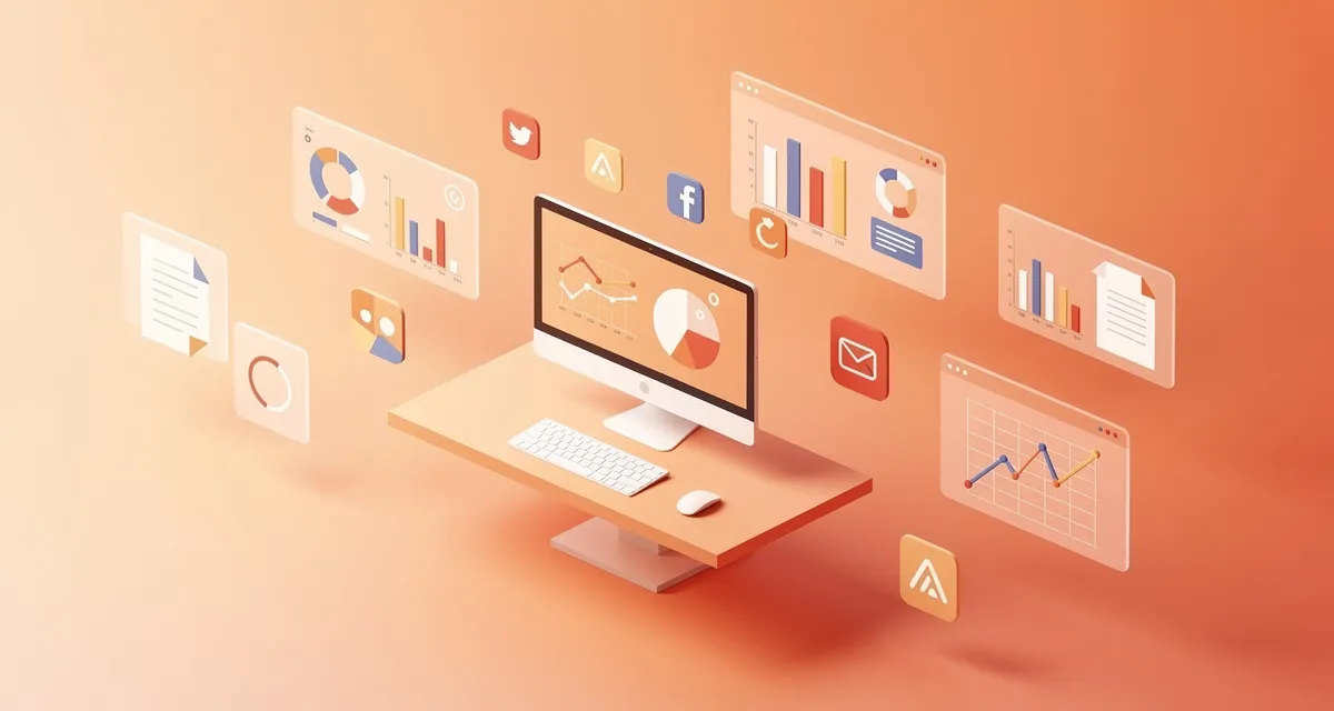 Isometric 3D workspace with content marketing tool dashboards in orange and coral tones