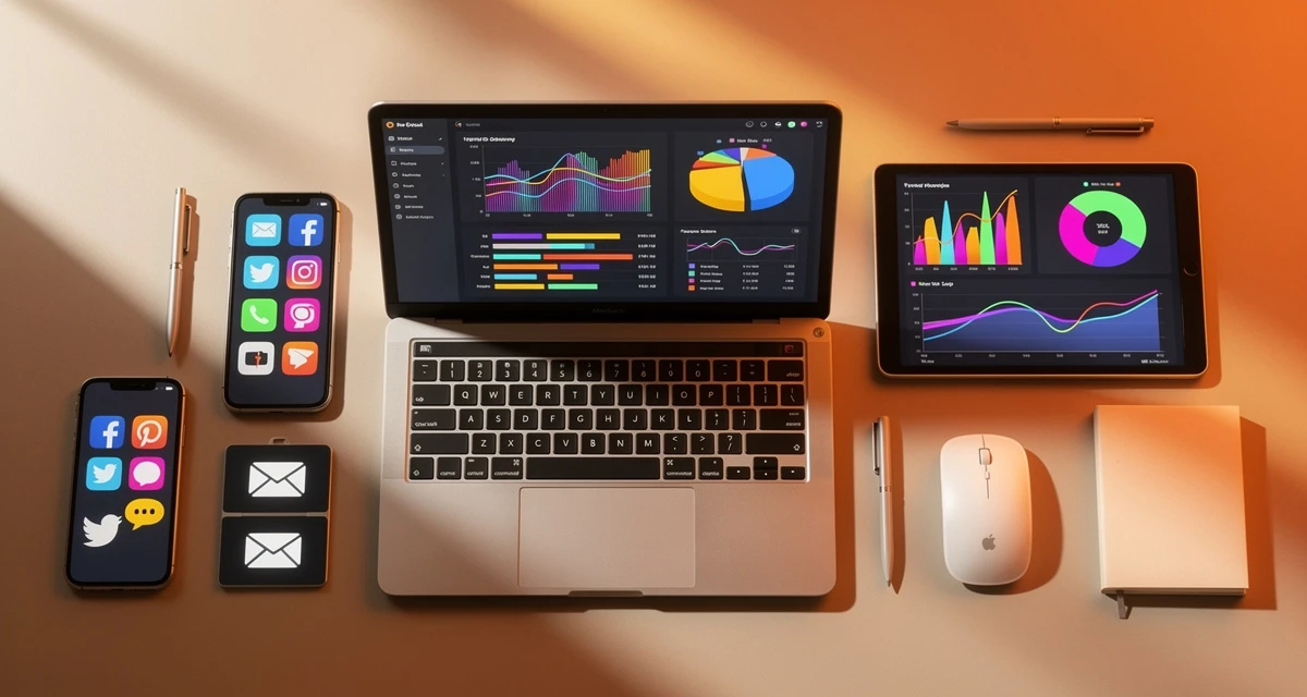 Best digital marketing platforms — top-down flat lay of marketing tools and dashboards in orange tones