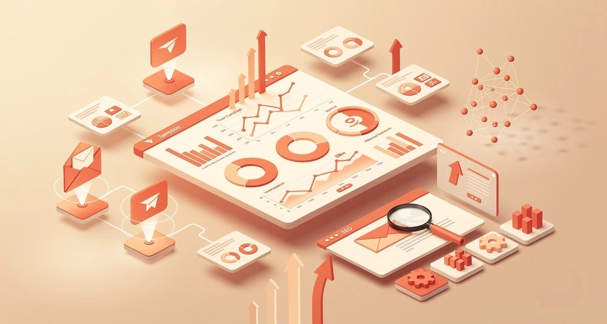 Best growth hacking tools for startups shown in an isometric dashboard with analytics and referral nodes