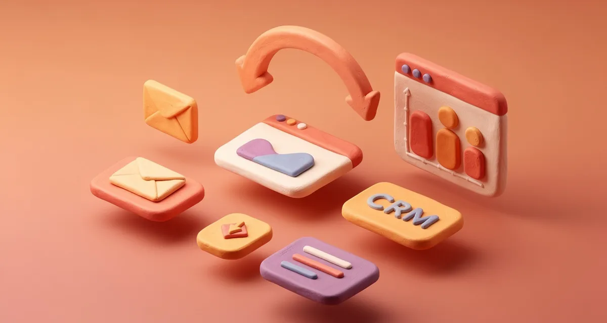 Cute 3D claymation marketing platform icons in orange and coral tones with workflow arrows on a clean background