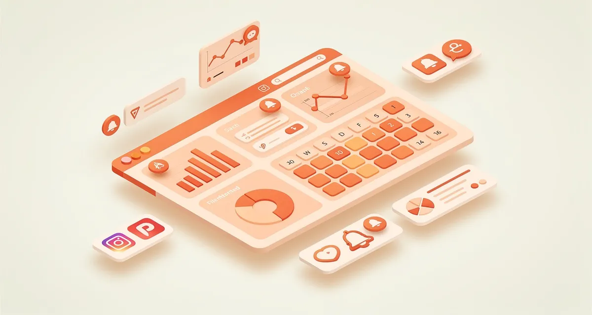 Isometric 3D dashboard showing social media marketing tools with analytics charts and scheduling calendar