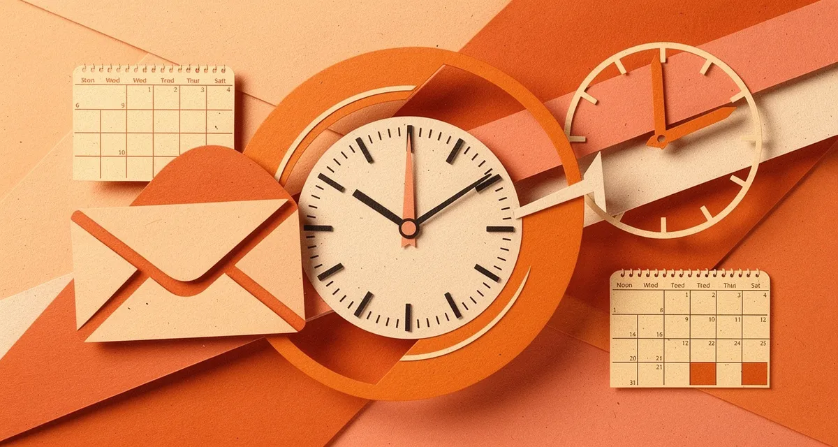 Best time to send marketing emails illustrated with retro collage of email icons, clock, and calendar in orange and coral tones