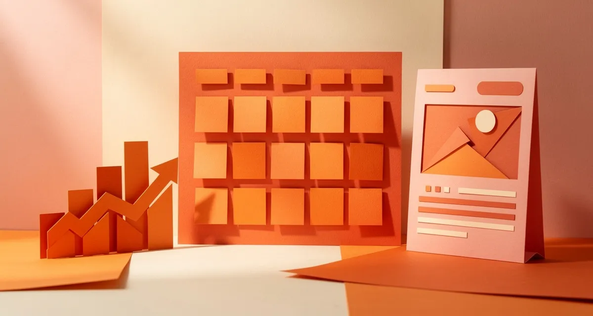 Blog marketing strategy guide showing layered content pages and analytics charts