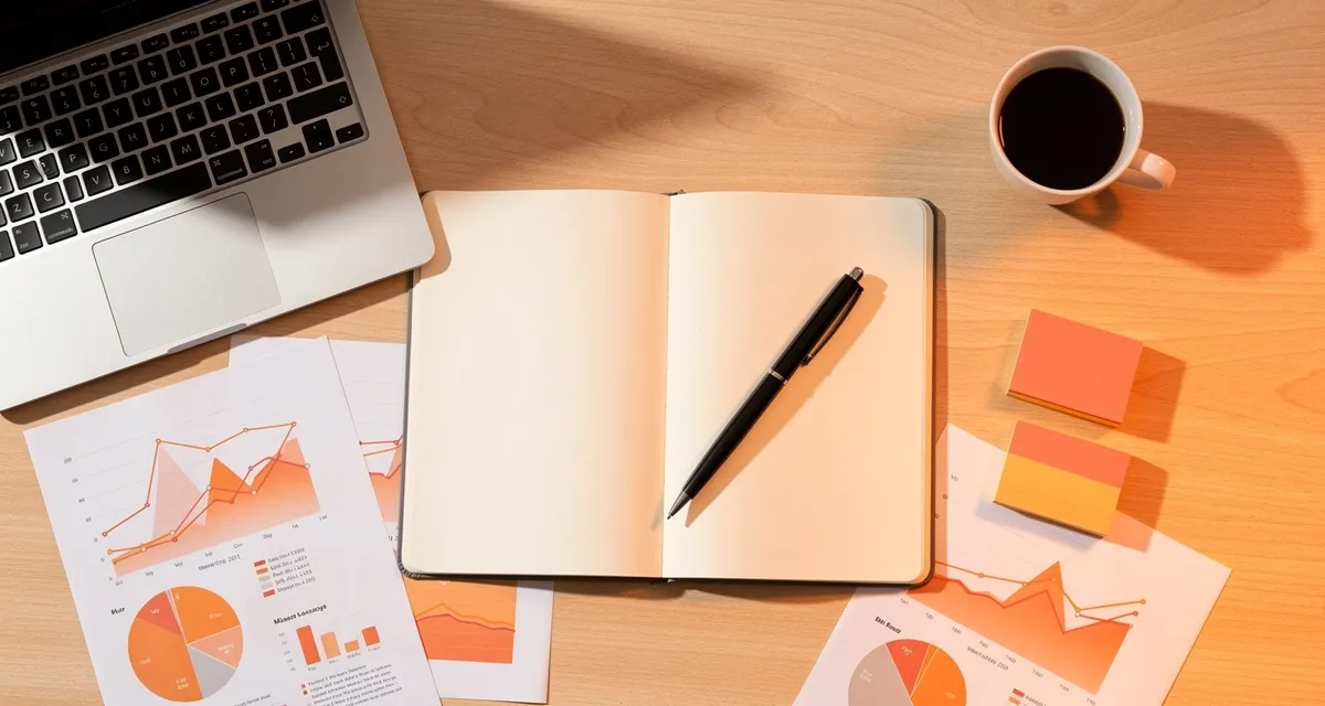 Content marketing workspace flat lay with notebook, analytics charts, and coffee in warm orange tones