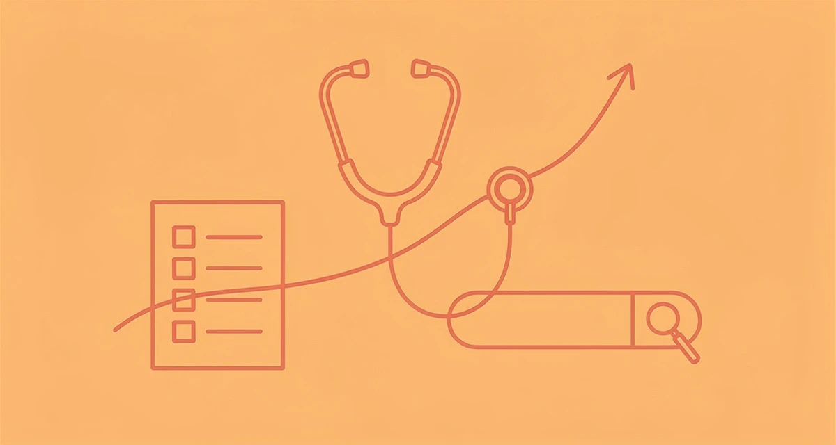 Minimal line art of a stethoscope, document, and growth chart representing healthcare content marketing