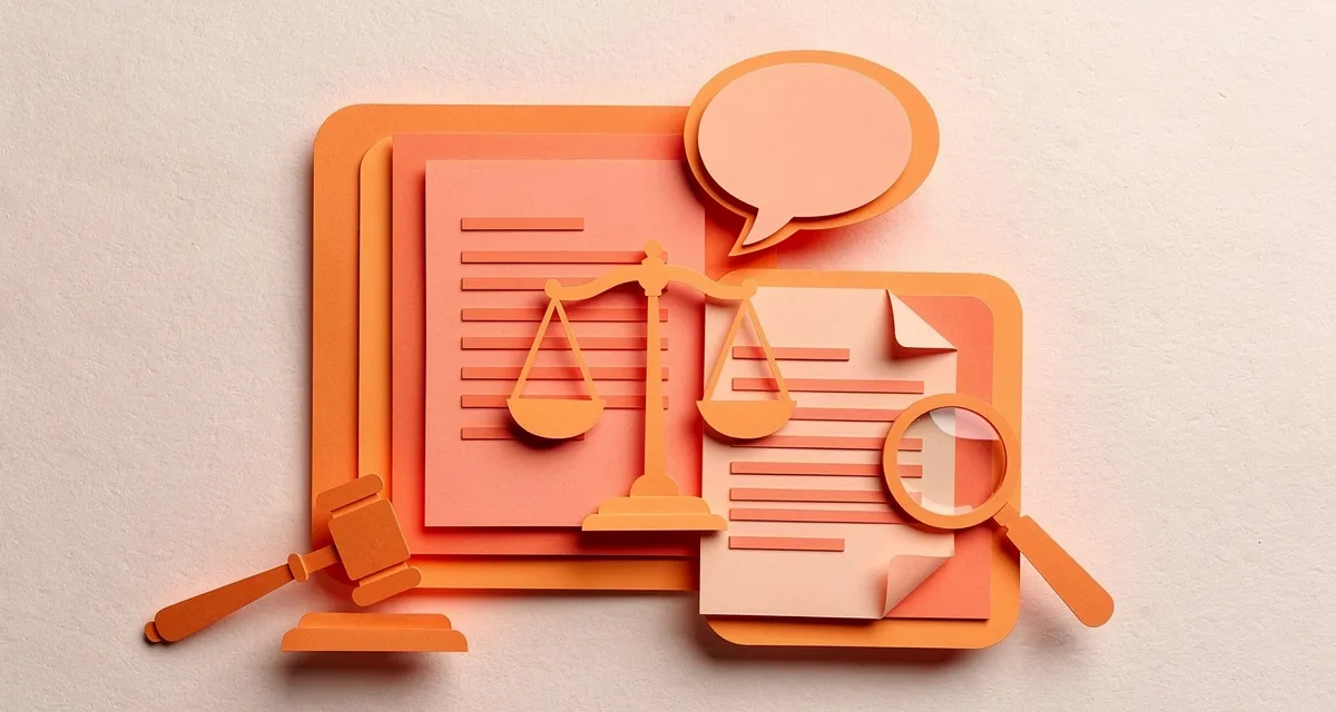 Paper craft diorama of legal documents, a gavel, and content icons representing content marketing for law firms