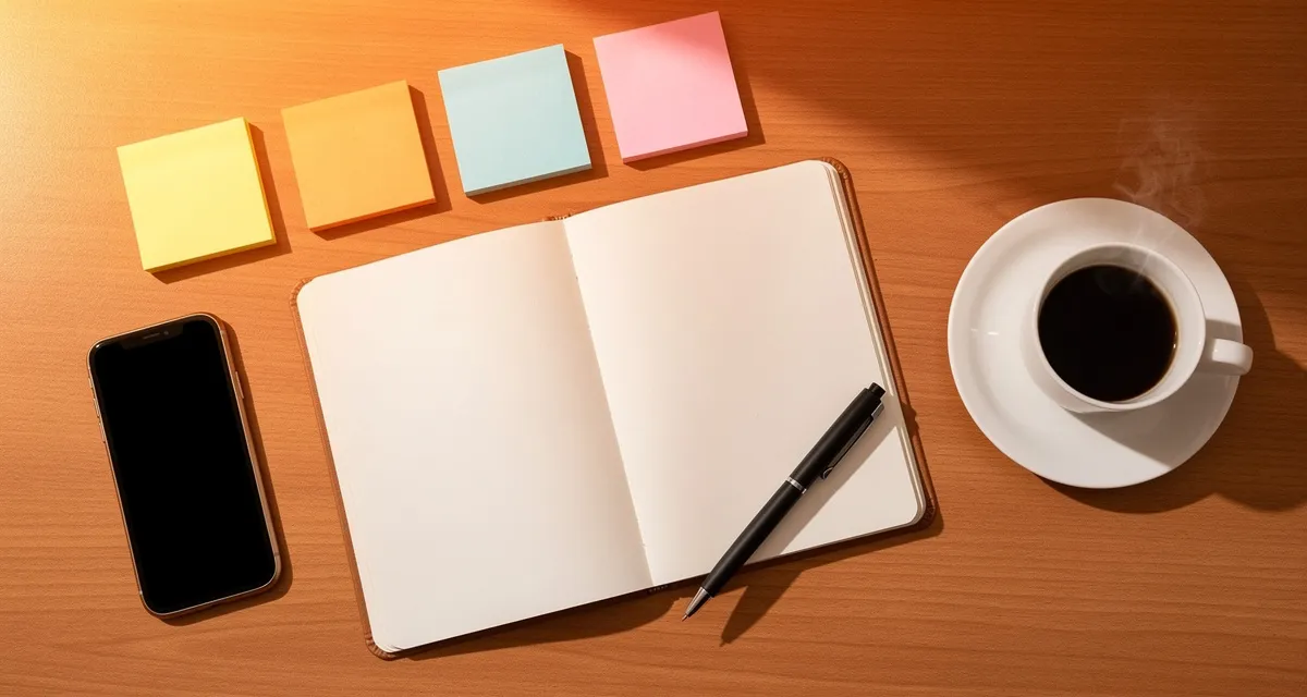 Content marketing for small business workspace with notebook, smartphone, and planning materials