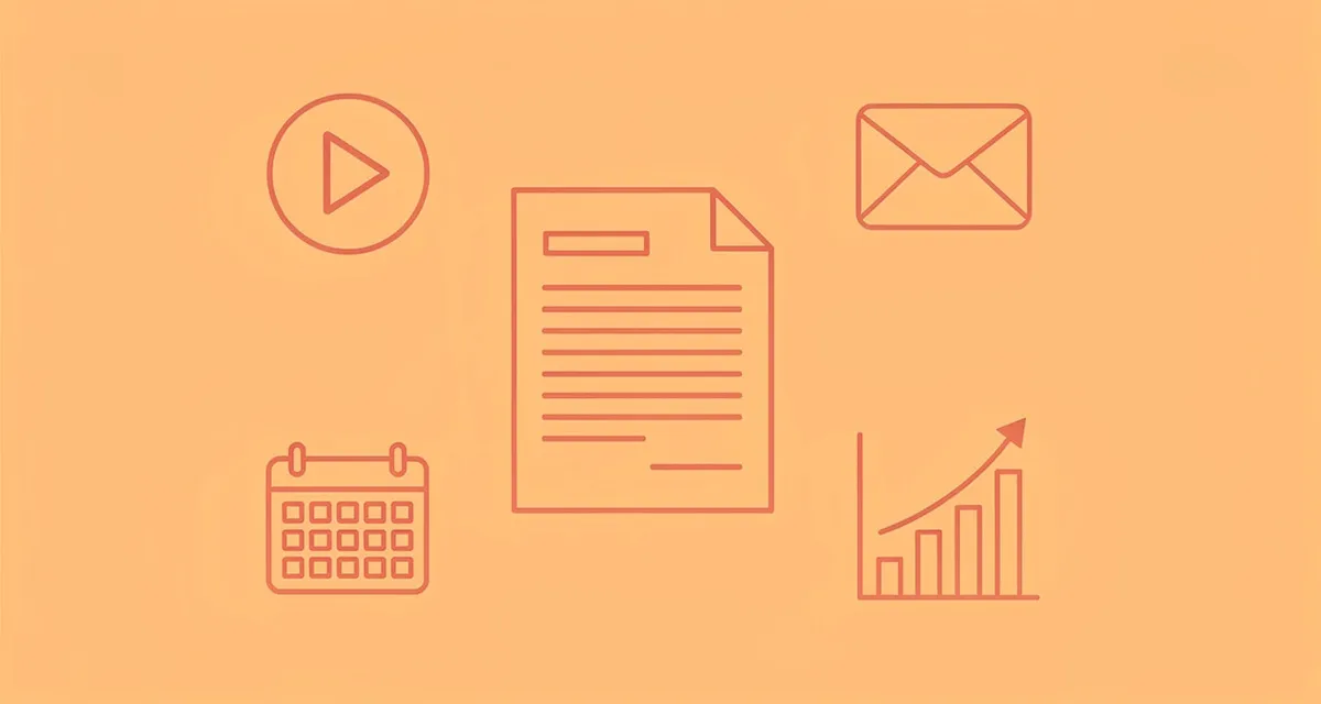 Content marketing ideas illustrated as minimal line art icons — blog, video, email, calendar, and social graph on coral background