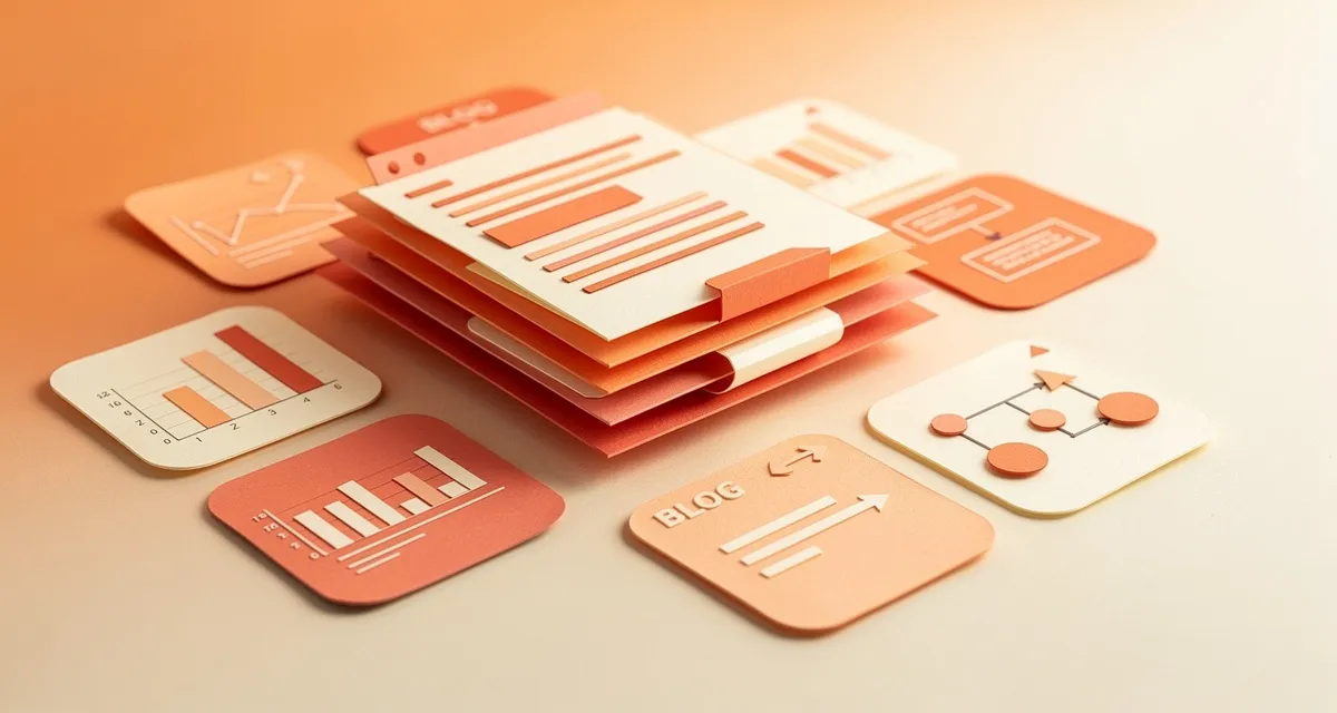 Content marketing services represented as layered paper craft documents, blog posts, and analytics in orange and coral tones