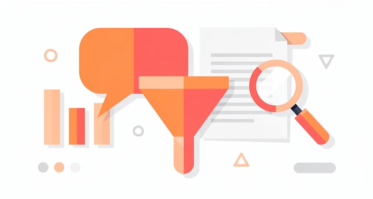 Flat vector illustration of content marketing strategy — funnel, charts, and speech bubbles in orange and coral