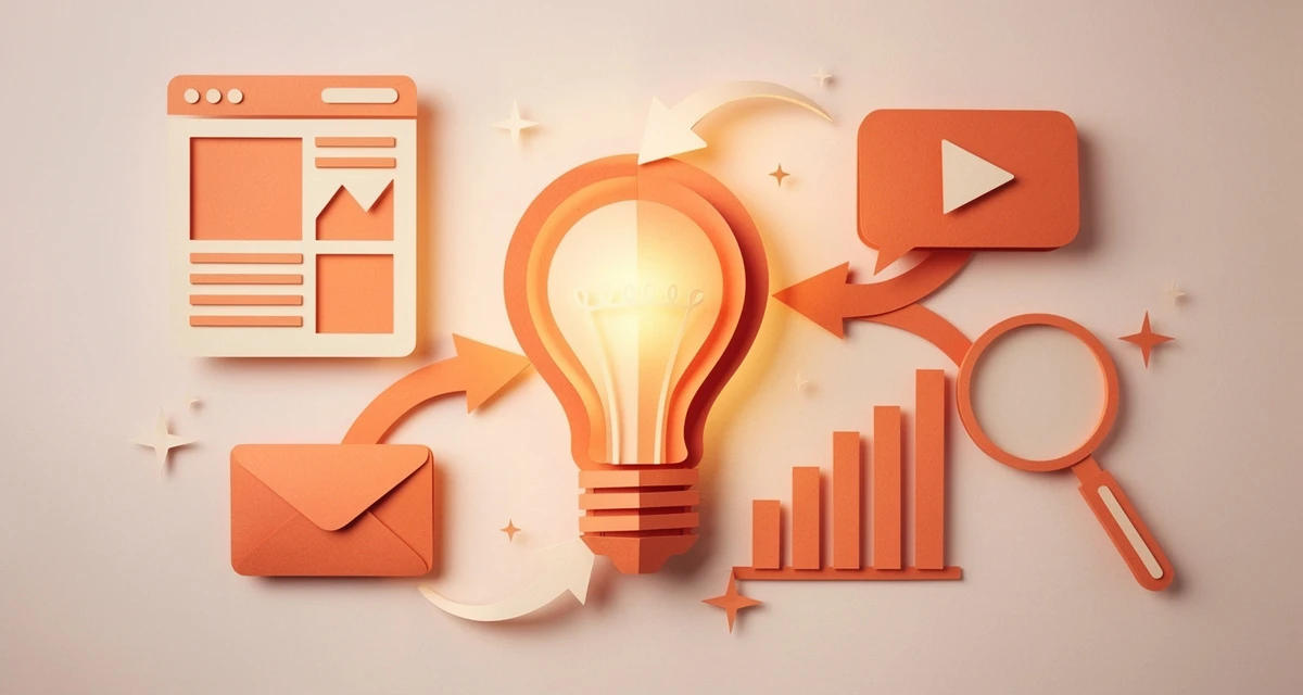Creative content marketing shown as a paper craft diorama with a lightbulb and content format icons in orange and coral