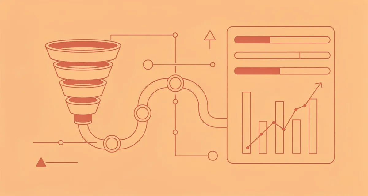 CRM analytics dashboard visualization with marketing pipeline, funnel stages, and data flow in coral line art style