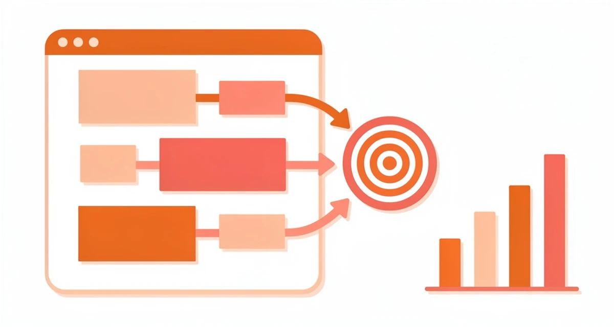 Digital display advertising concept showing banner ad frames, a targeting bullseye, and a bar chart in orange and coral