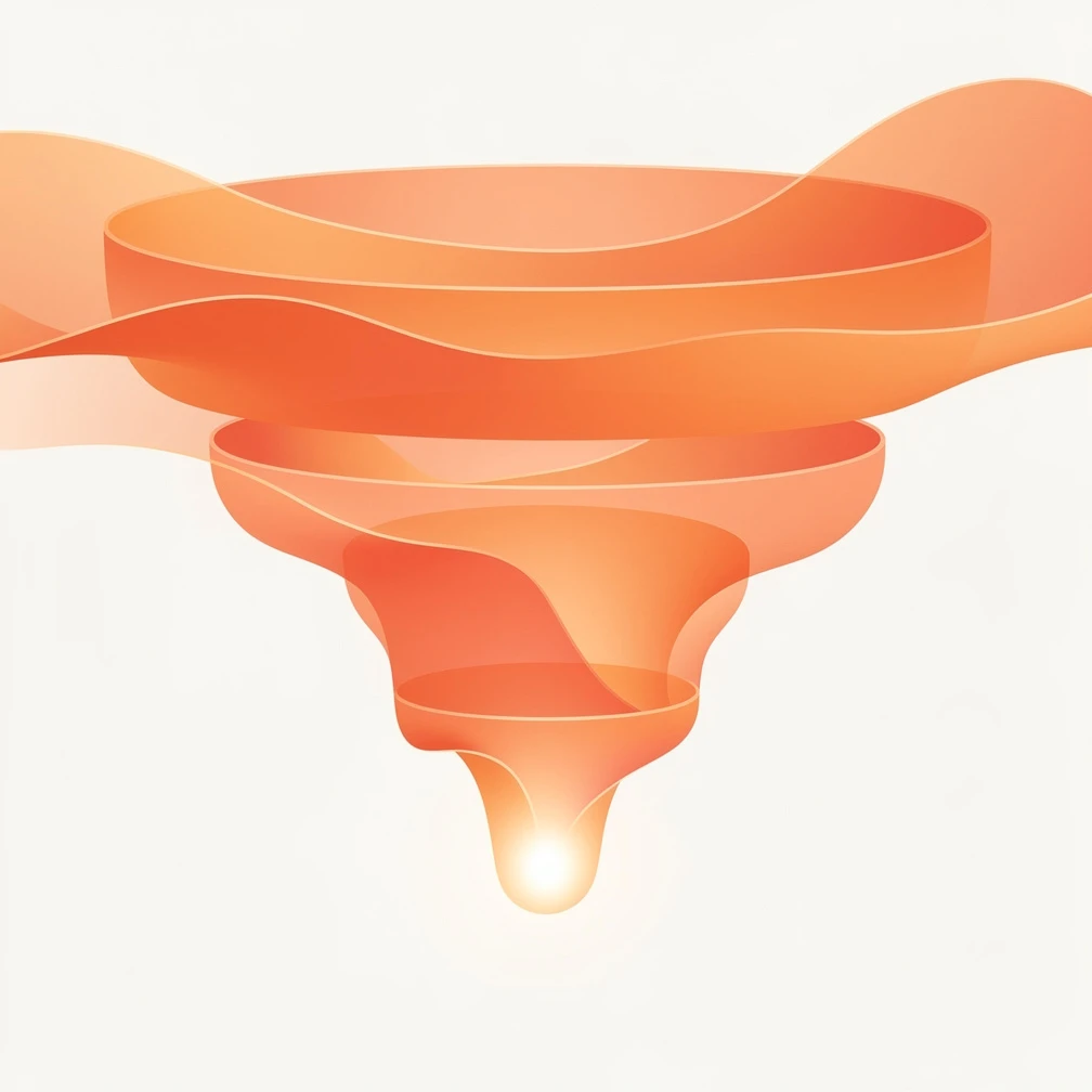 Digital marketing funnel diagram showing awareness, consideration, and conversion stages in orange and coral