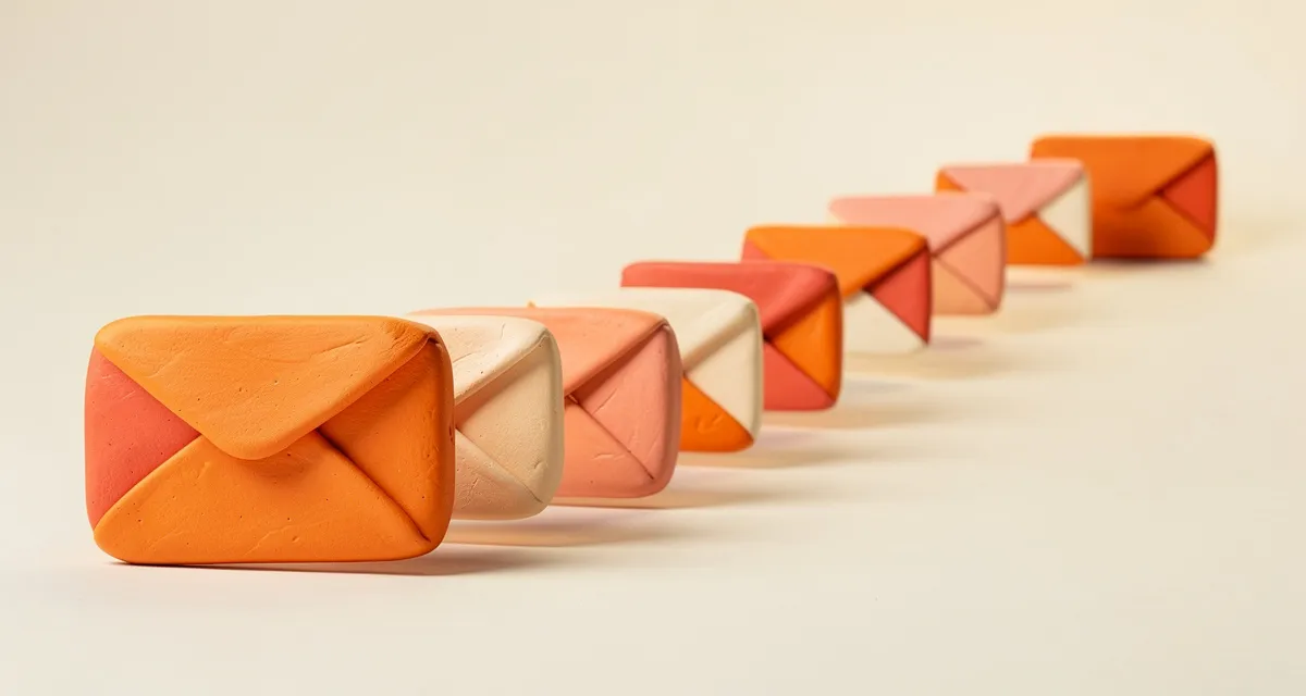 Claymation-style colorful email envelopes in a flowing drip campaign sequence, orange and coral tones