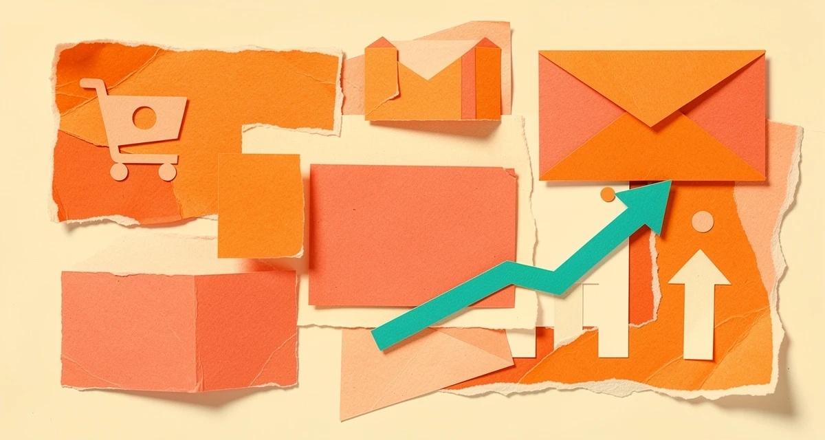 Ecommerce email marketing strategy: shopping carts, email envelopes, and analytics charts in orange and coral retro collage