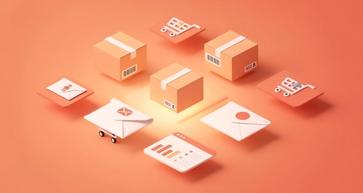 Ecommerce marketing automation workflows showing cart abandonment and email sequences in an isometric dashboard
