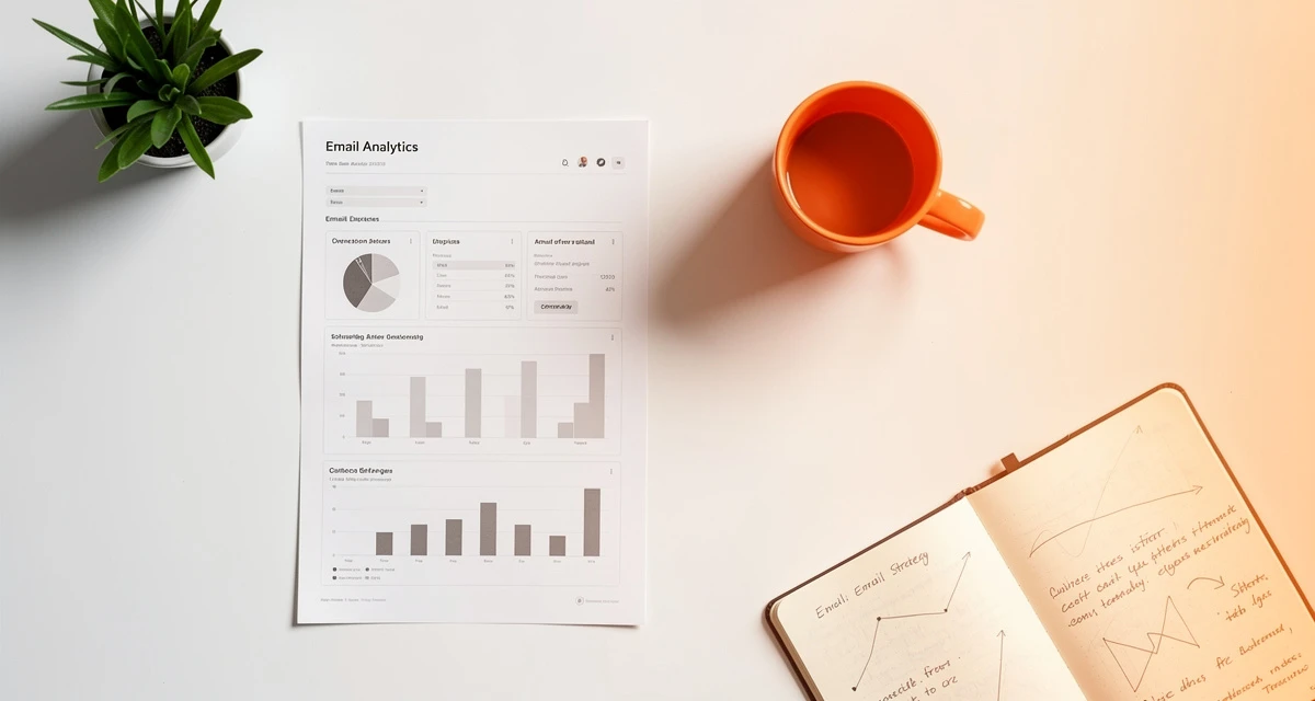 Email marketing best practices flat lay with analytics dashboard and strategy notes