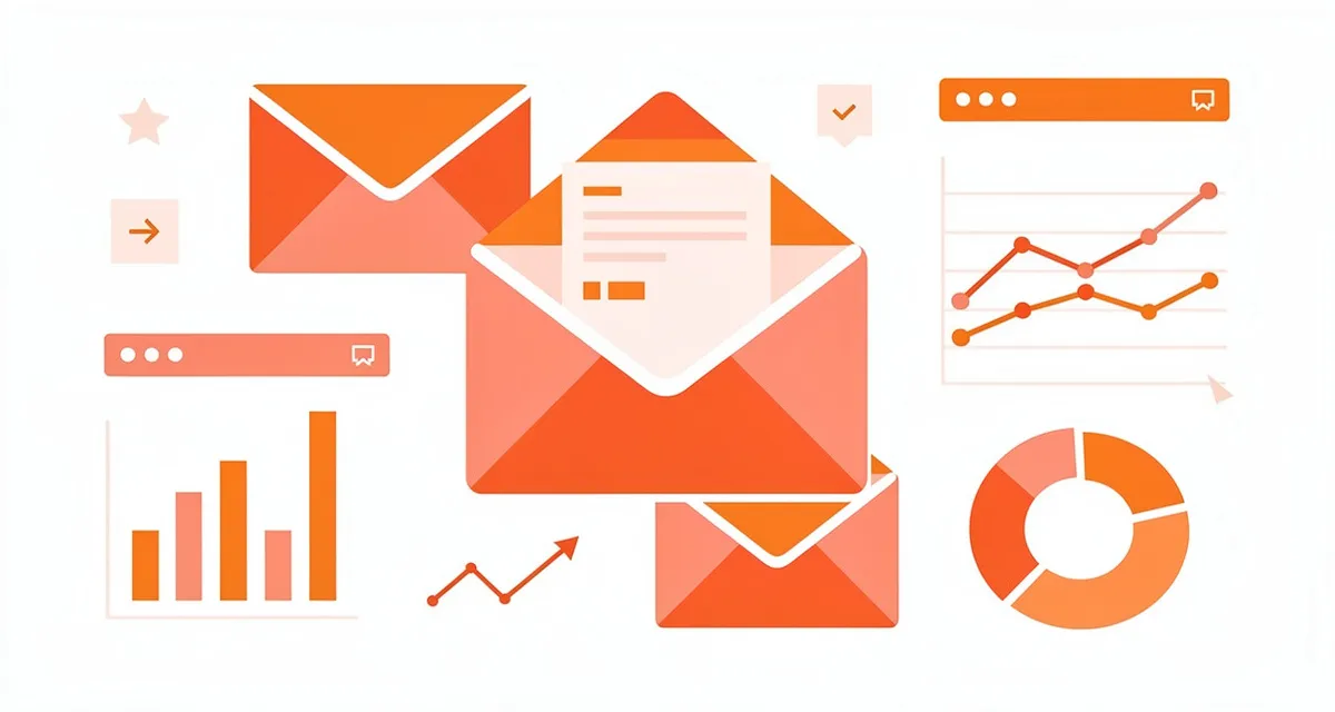 Email marketing examples showing different campaign types in orange and coral flat illustration style