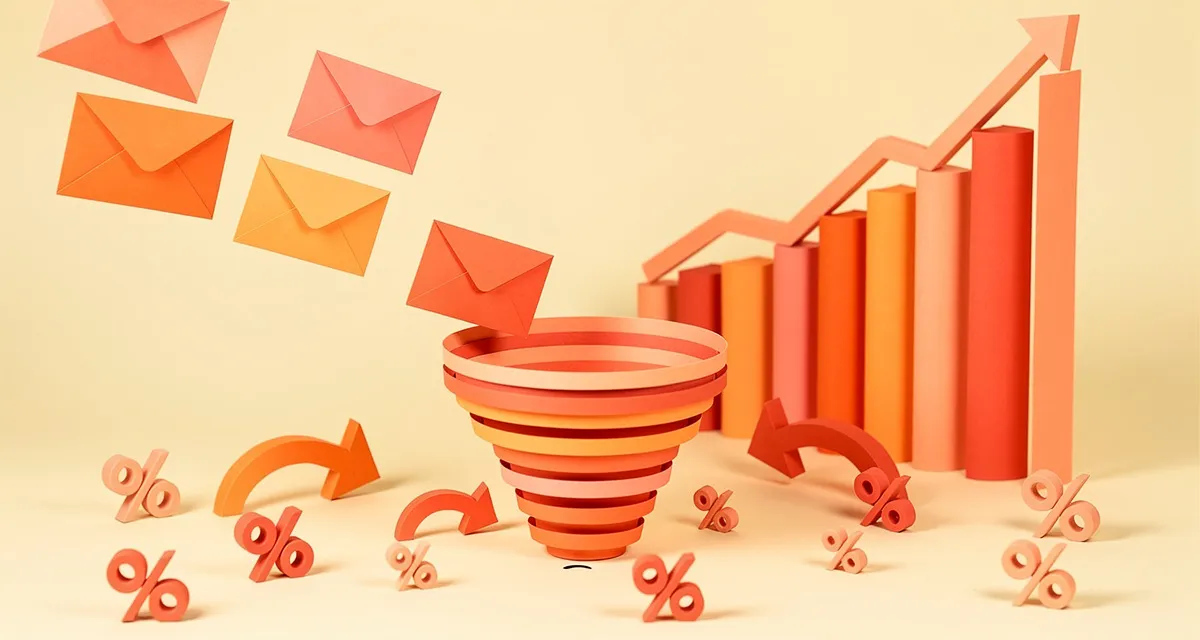 Paper craft scene of email marketing metrics dashboard with charts, envelopes, and conversion funnel in orange and coral tones