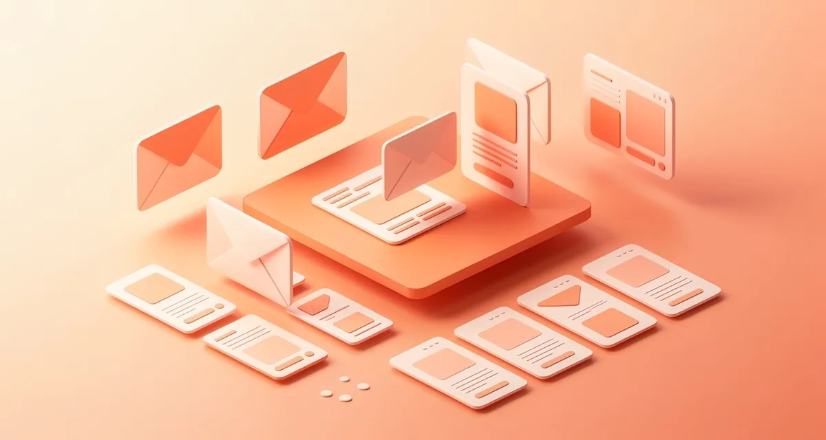 Isometric 3D illustration of email marketing templates and campaign workspace in orange and coral tones