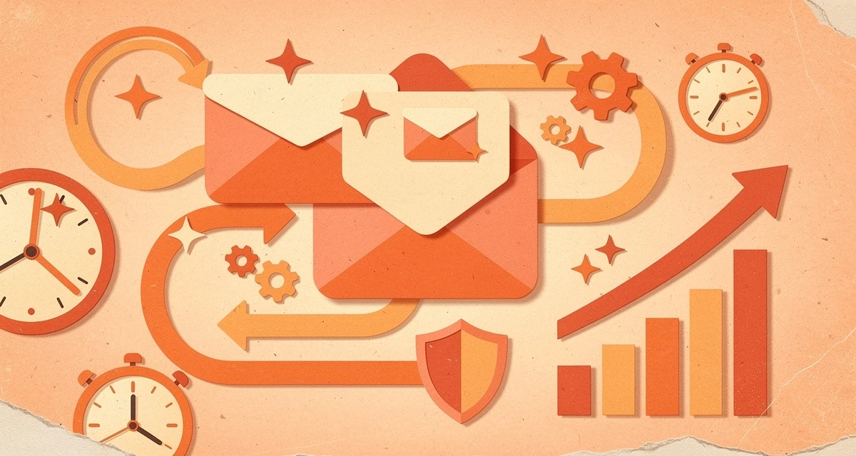 Email marketing trends 2026 shown as retro collage of envelope icons, AI spark shapes, and analytics charts in orange and coral tones