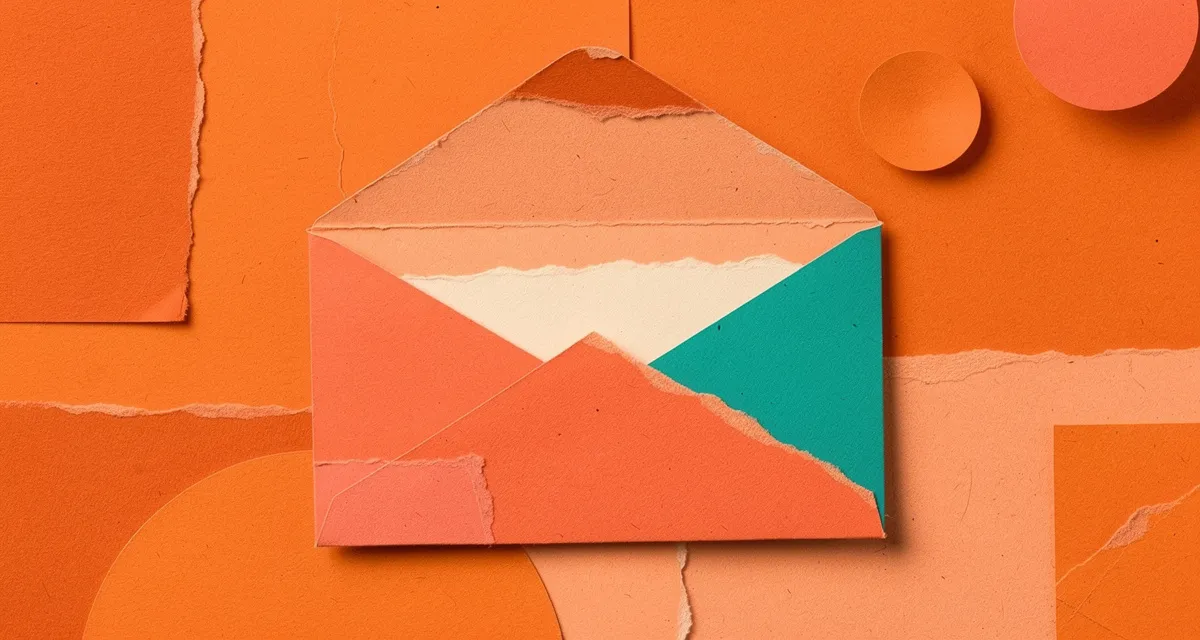 Email newsletter strategy concept with retro collage style orange and coral abstract envelope and paper elements