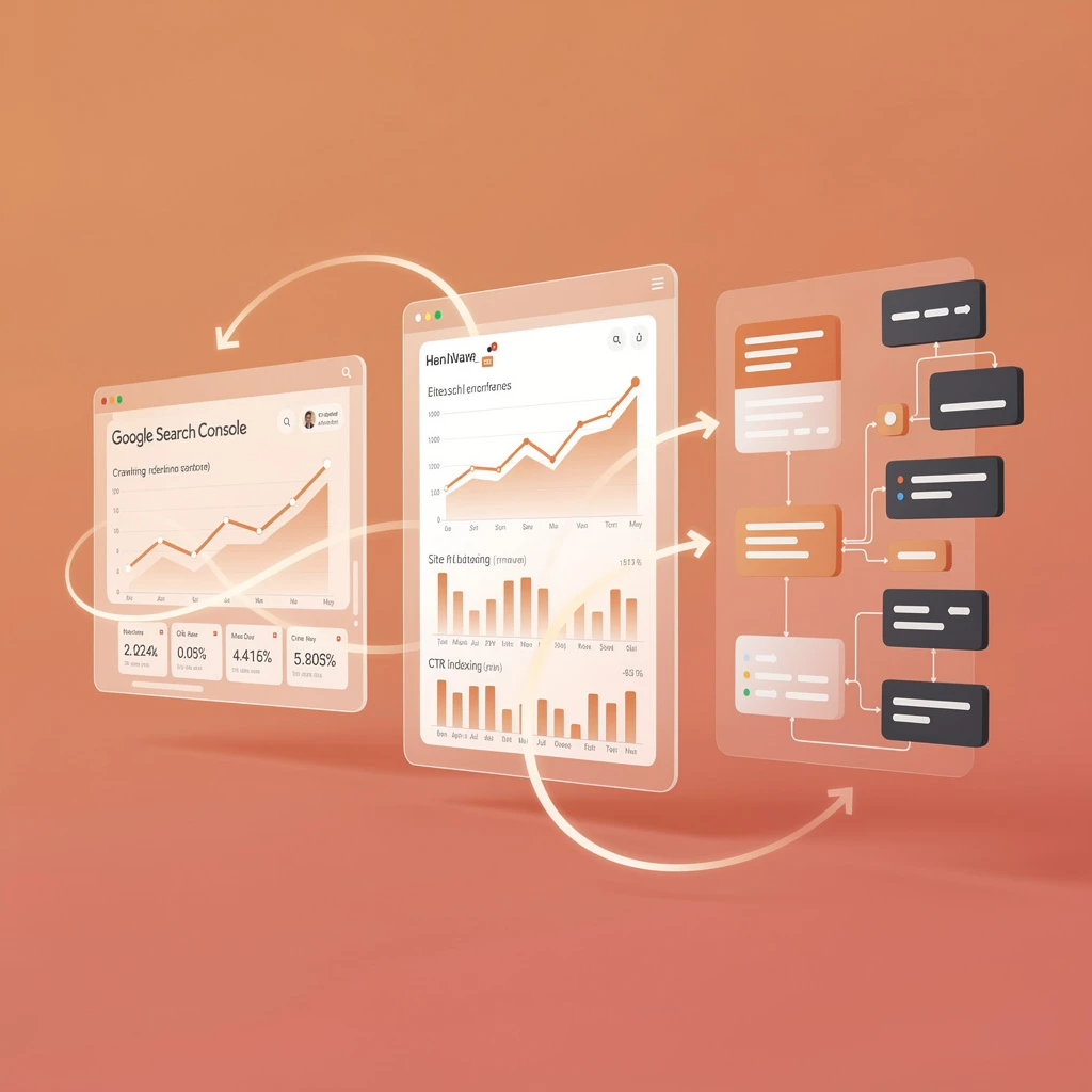 Google Search Console tutorial dashboard visualization with orange coral gradient showing search performance graphs