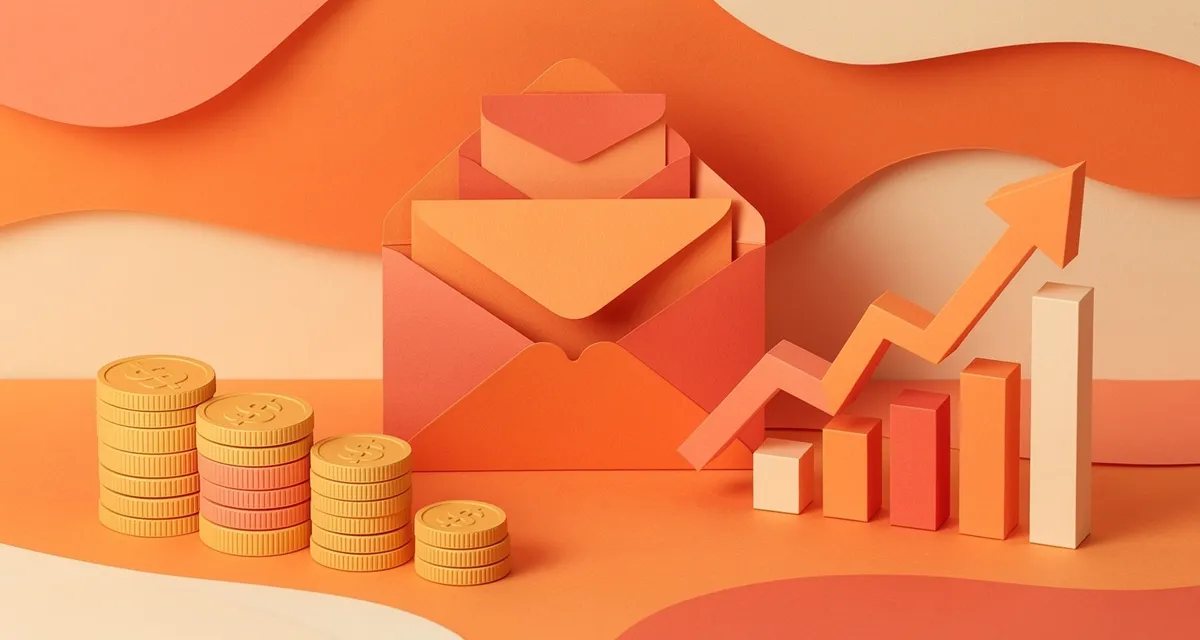 Email marketing cost breakdown with layered paper envelopes, coin stacks, and growth charts in orange and coral paper craft style