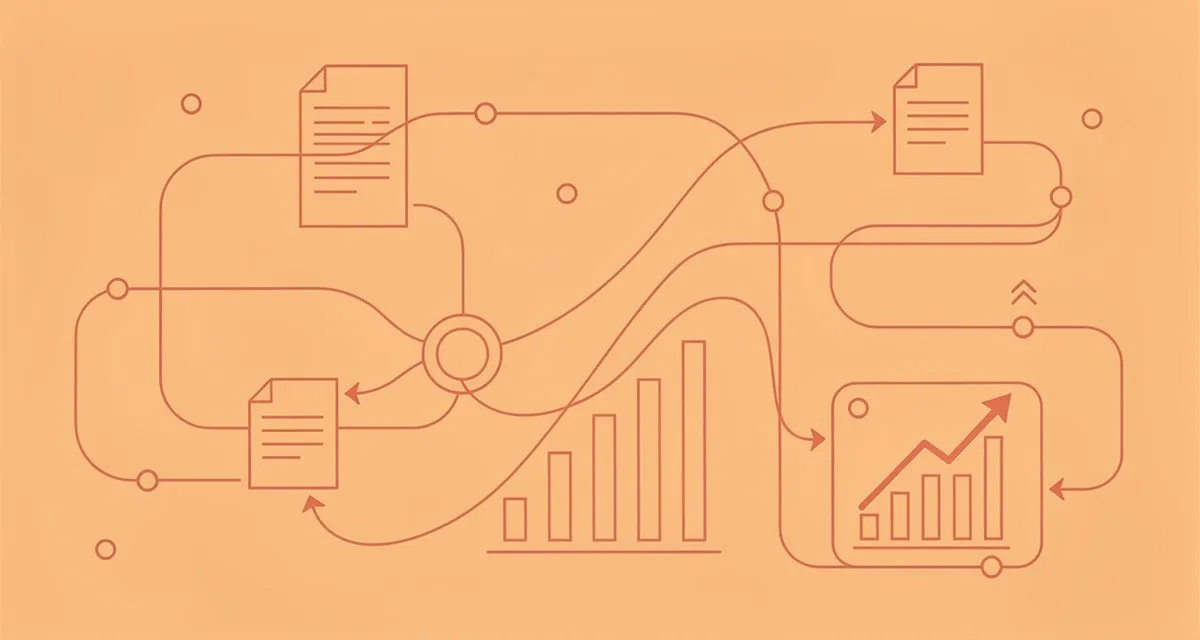 Abstract line art showing SEO and content marketing signals connecting in coral and orange tones