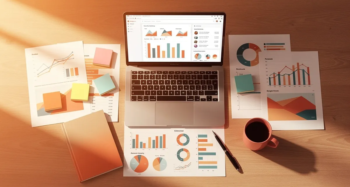 Flat lay of email marketing competitive analysis workspace with analytics and campaign printouts