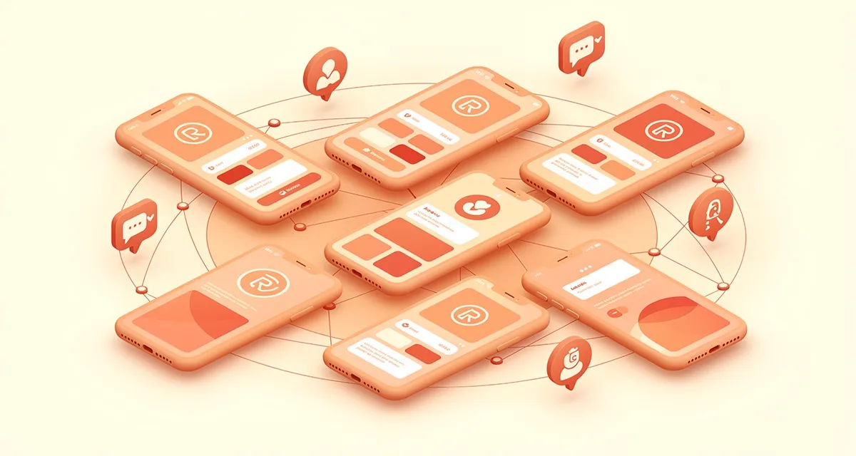 Isometric 3D illustration of consistent social media brand building with coordinated content across multiple platforms in orange and coral
