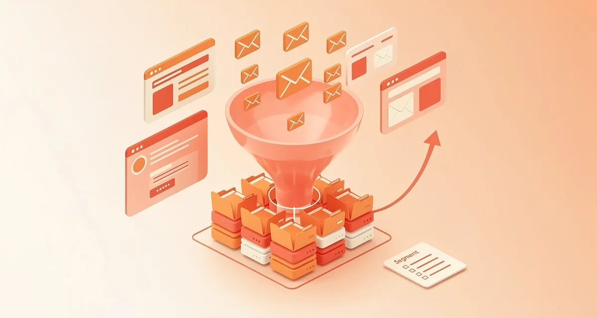 Isometric illustration of an email marketing list building funnel with opt-in forms, segmented folders, and a growth arrow