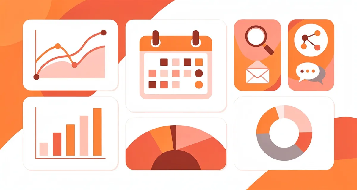 Digital marketing plan flat illustration showing calendar, analytics charts, and channel icons in orange and coral on white background
