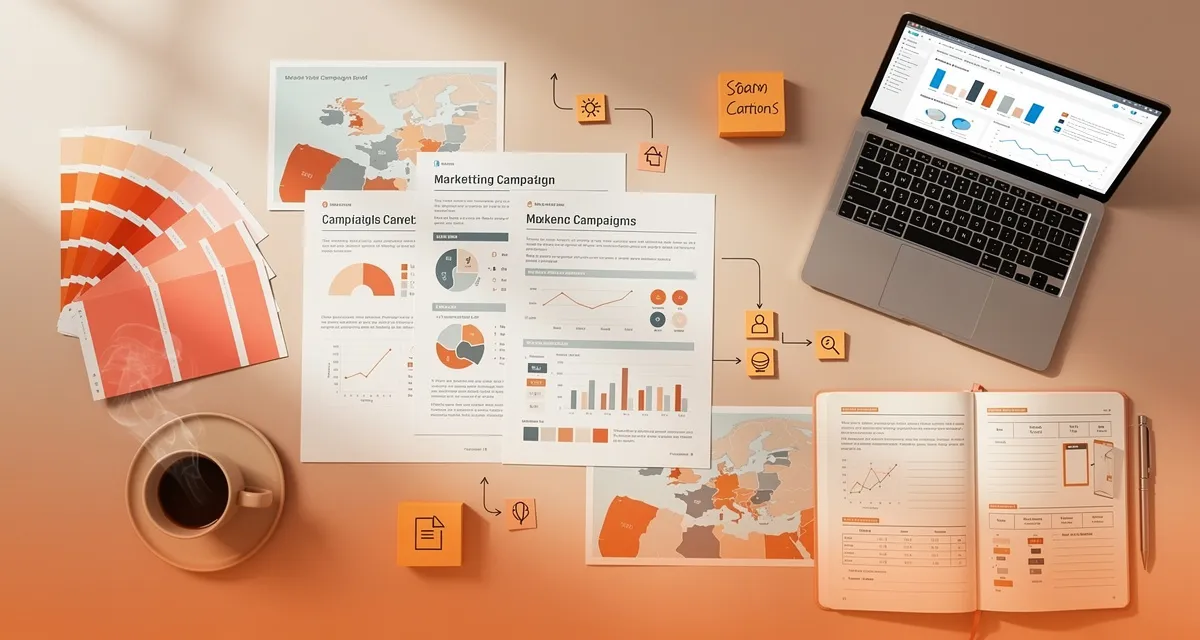 Email marketing agency planning workspace with a flat-lay of campaign briefs, segment maps, and a laptop in warm orange tones