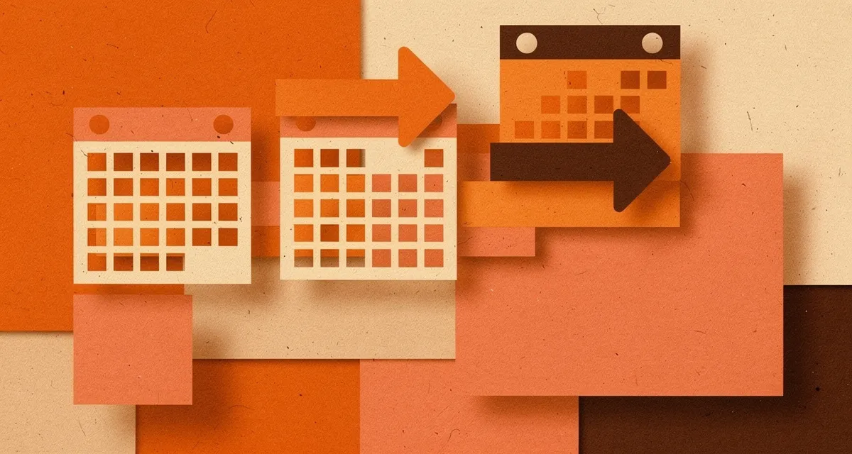 Retro collage content marketing plan with bold cutout shapes in orange and coral tones