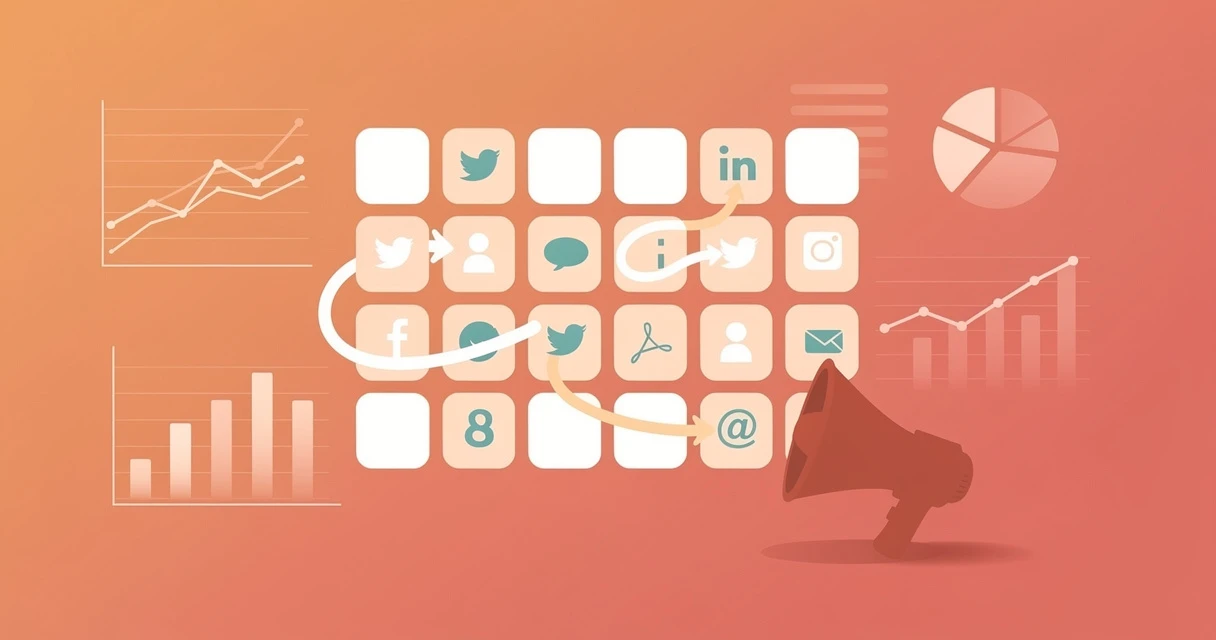 Social media content calendar planning grid with orange gradient and scheduling icons