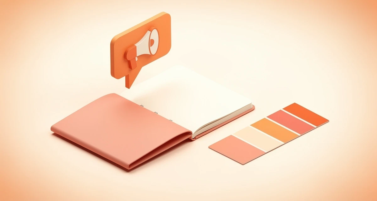 Isometric 3D illustration of a brand voice style guide and content workspace in orange and coral tones