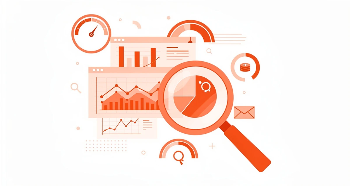 Digital marketing audit dashboard with orange and coral gradient showing channel performance across SEO, paid, social, and email