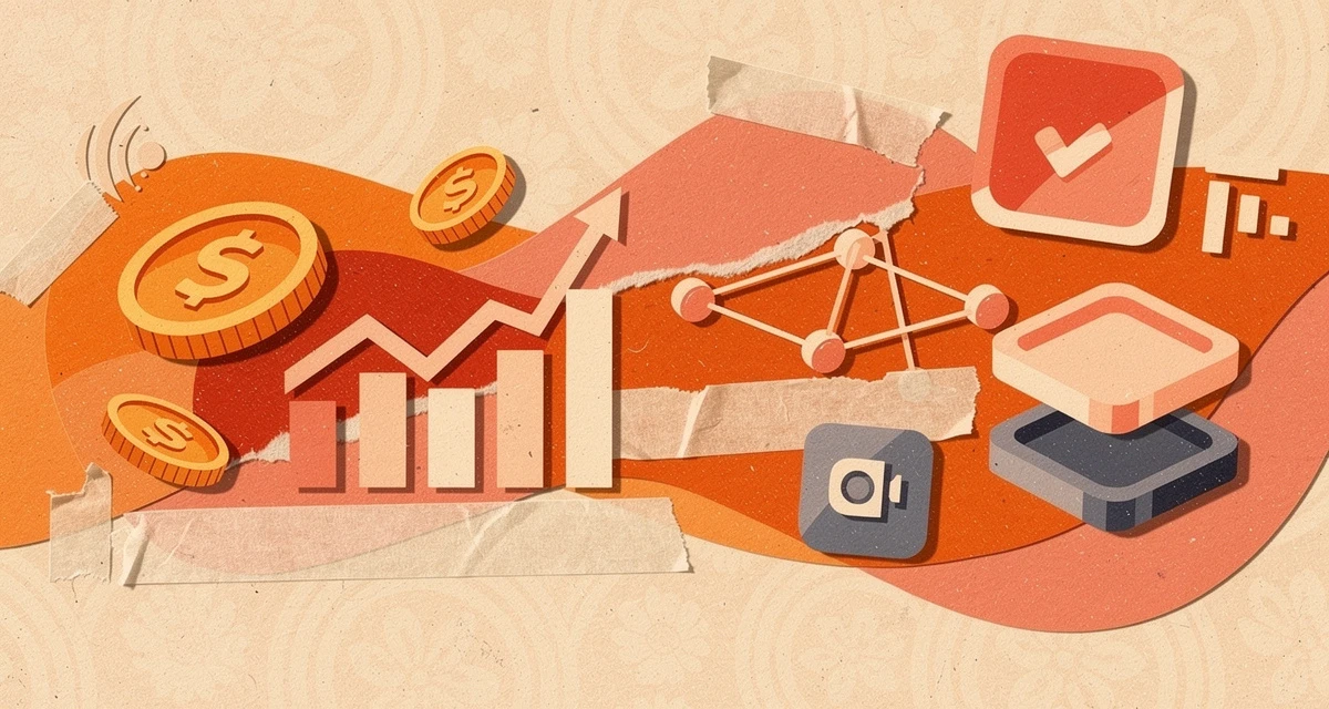 Retro collage illustration of social media monetization with bold orange and coral shapes representing revenue streams and digital platforms