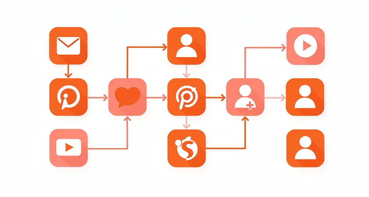 Flat illustration of multiple social media platform icons in an organized workflow grid with orange and coral connecting arrows