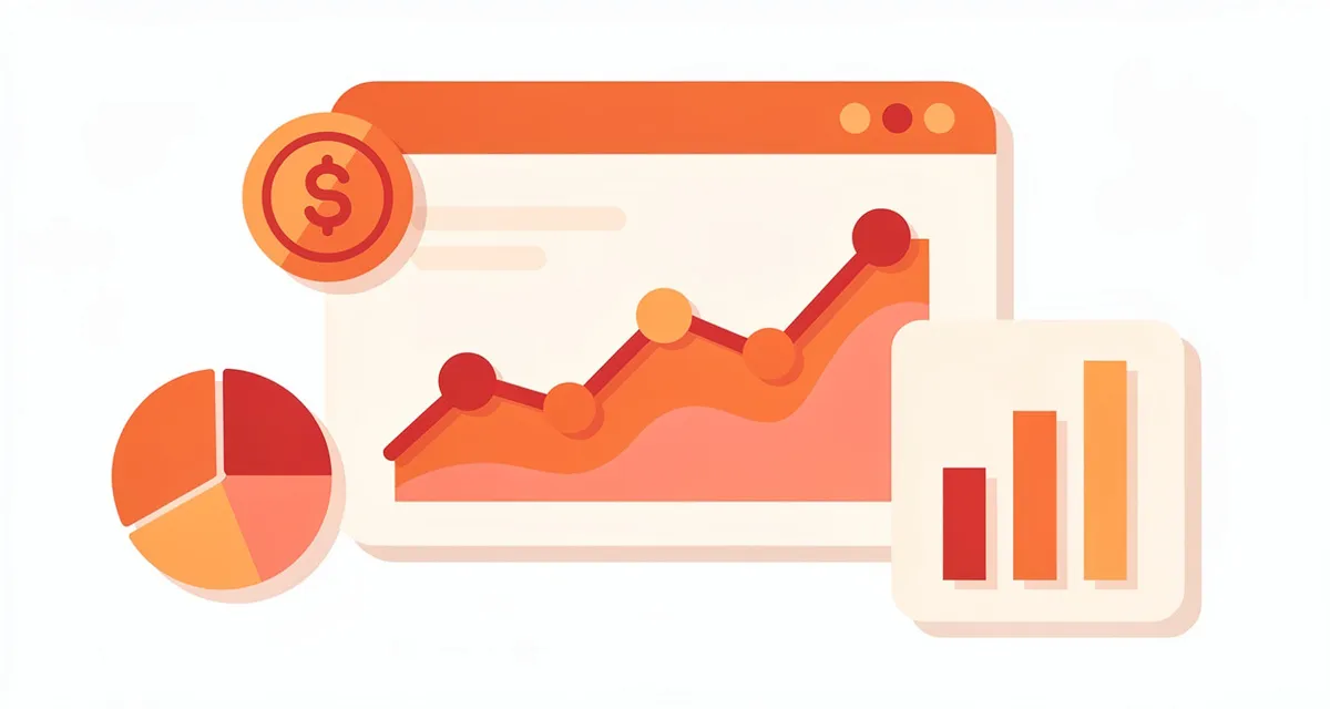 Flat illustration of a content marketing ROI dashboard with rising chart, dollar coin, and pie chart in orange and coral