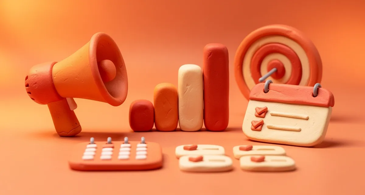 Digital marketing campaign planning elements including target, megaphone, and analytics charts in orange and coral