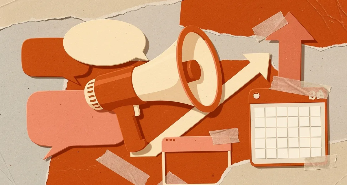 Illustration representing a multi-platform social media campaign with content, schedule, and metrics
