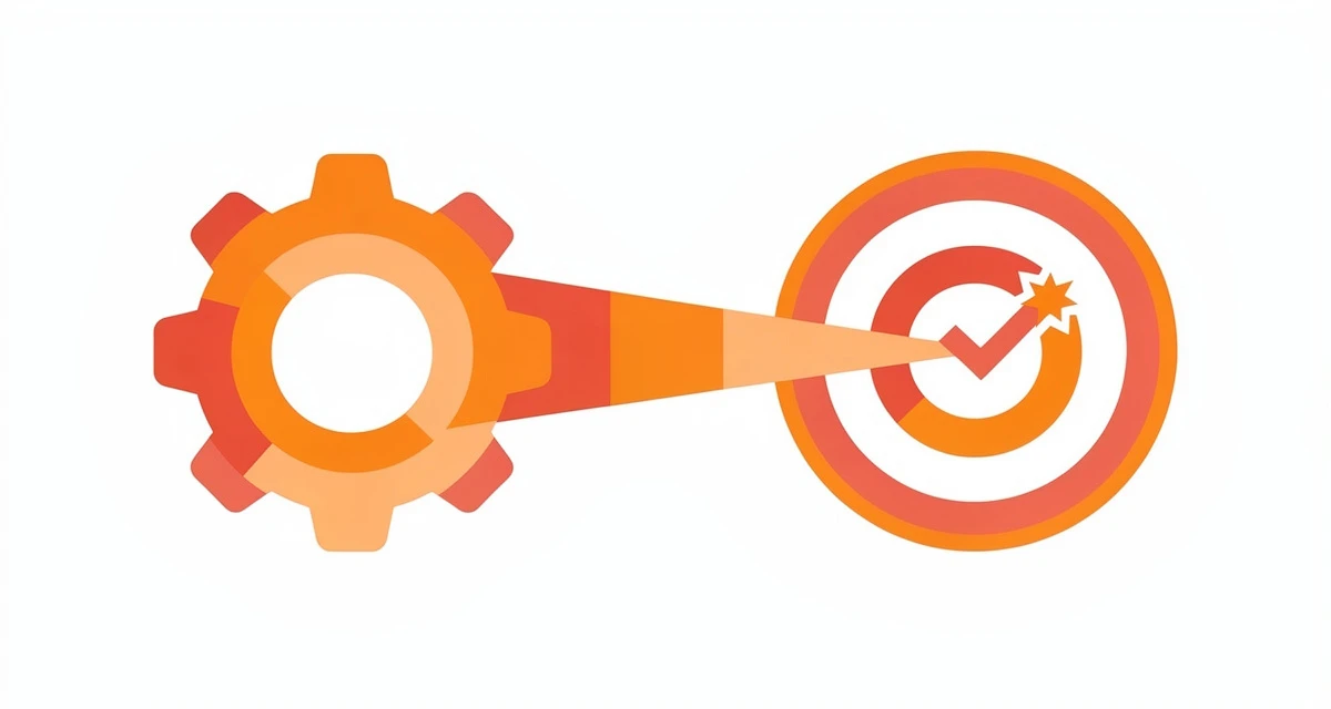 Flat illustration of a value proposition message flowing from a product core into a target customer, orange and coral palette