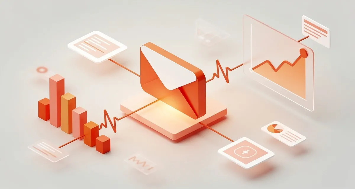 Isometric render of an email envelope linked to a rising ROI chart, illustrating that email marketing is not dead in 2026
