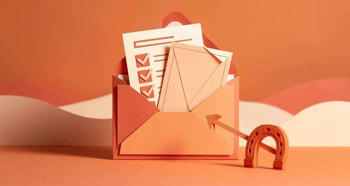 Paper craft illustration of lead magnet ideas: an envelope opening to reveal checklist and template documents